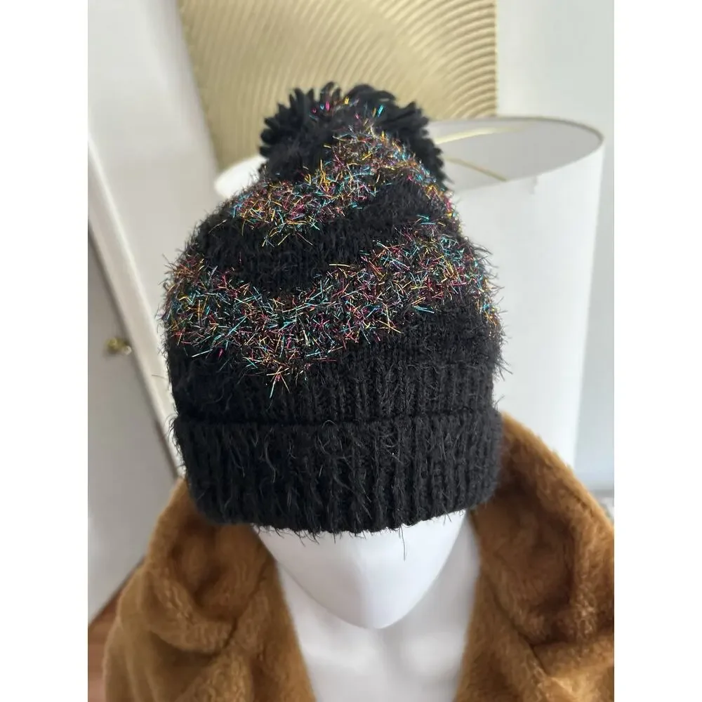 Zara Beanie Toque Womens One Size Black Glitter Zig Zag Knit Arylic Ski Pom